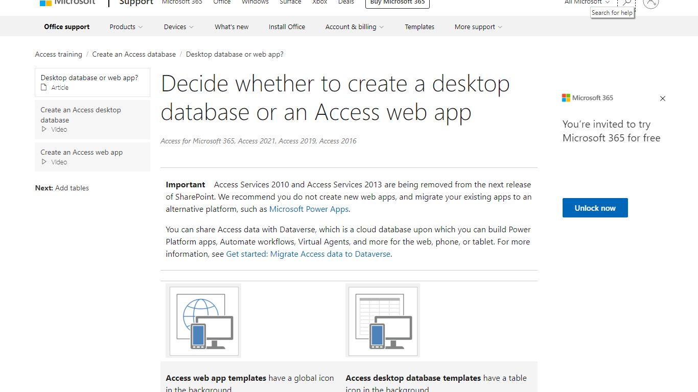 Decide whether to create a desktop database or an Access web app